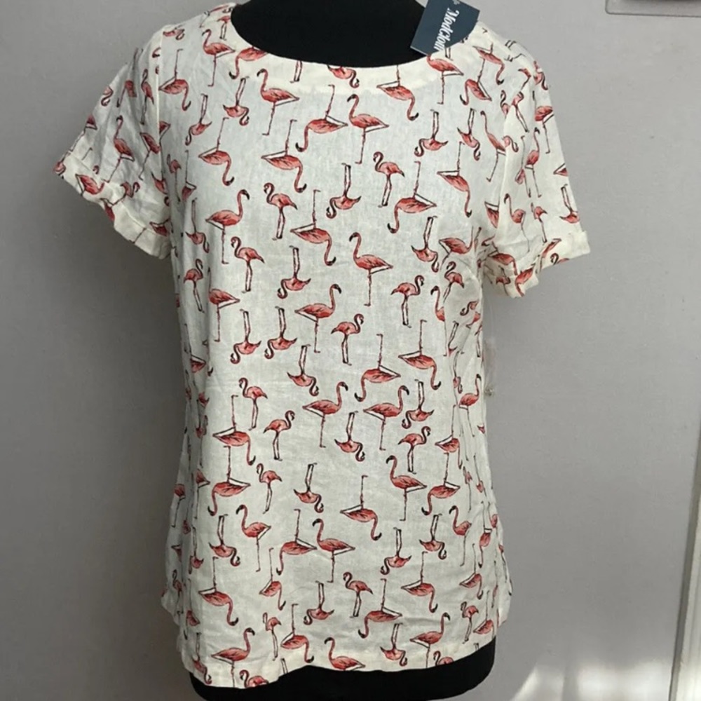 9-8 ModCloth Top Linen Blend Beige Pink Flamingo Print Novelty Large NWT